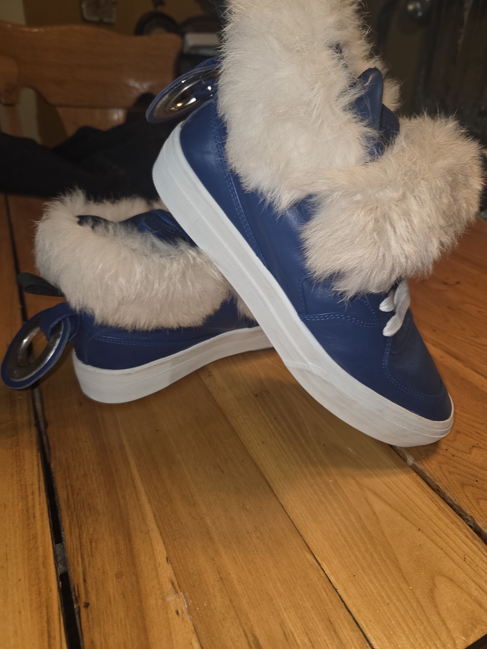 MSGM Blue Sneakers with Cream Fur Trim